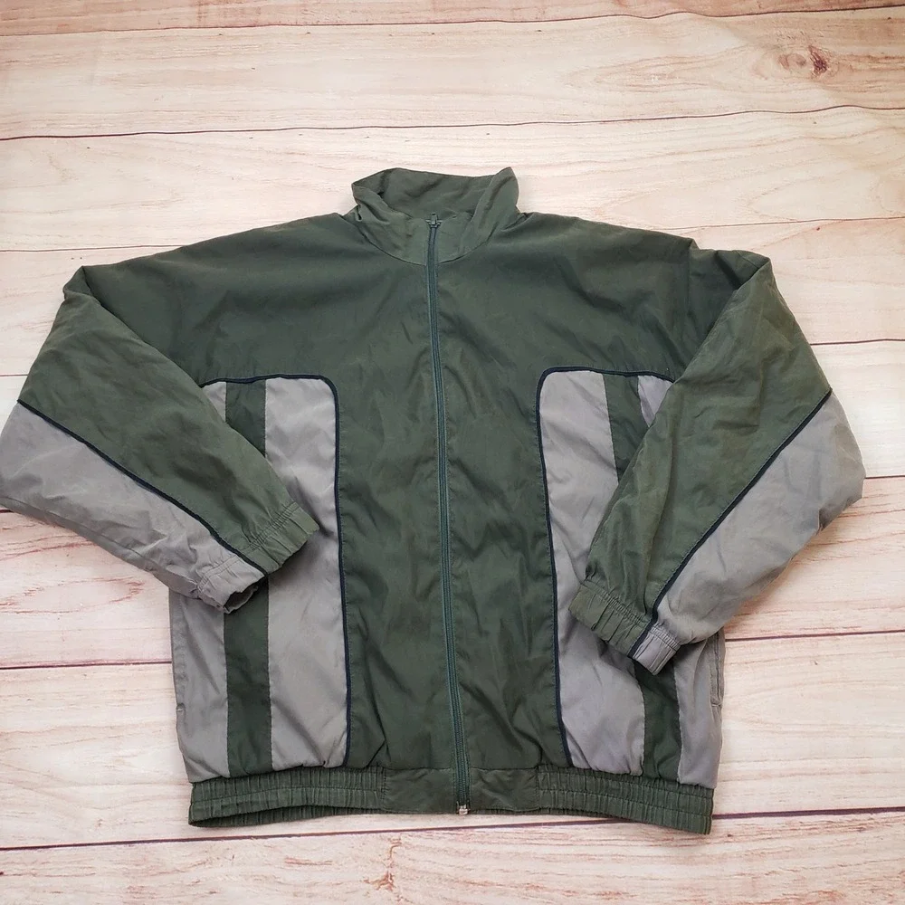 Vintage Penguin Sport Track Jacket Mens Large Olive Green Grey Colorblock Zip Up